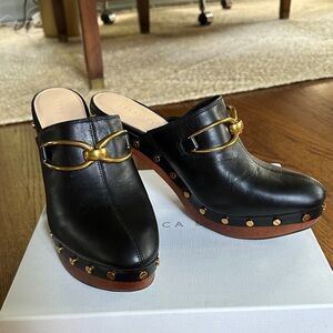 Veronica Beard Giles Black Leather Mules with Gold details, size 9